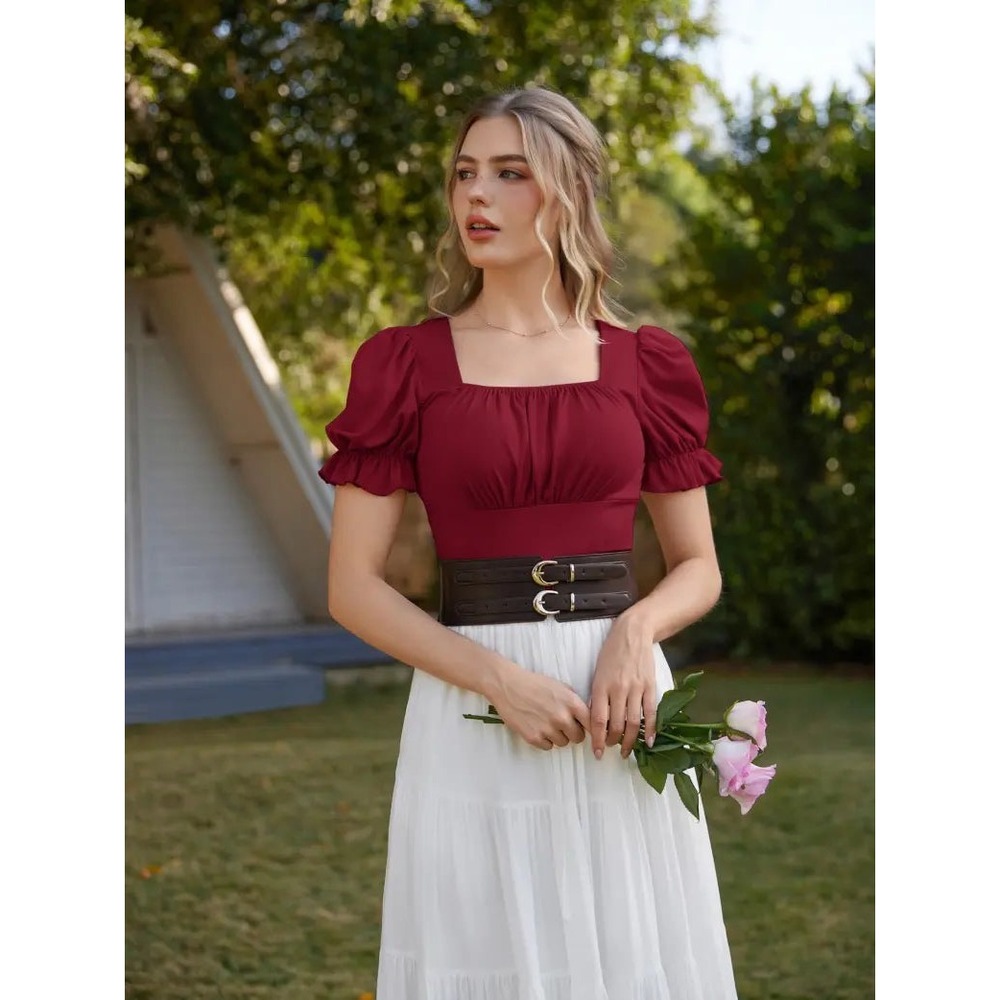 Scarlet Darkness Wine Red Victorian Puff Sleeve‎ Blouse Square Neck Gothic Top L